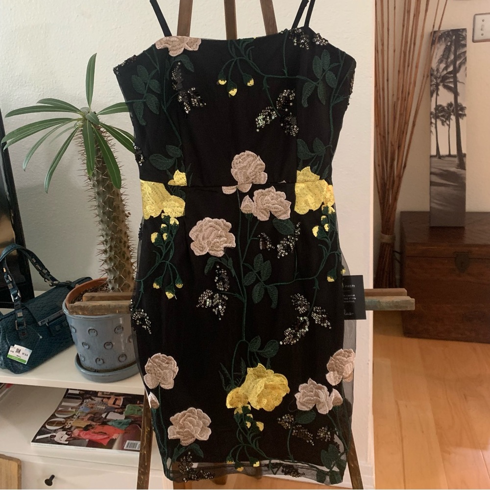 Lulu's Black Floral Embroidered Mini Dress with Yellow & Cream Accents
